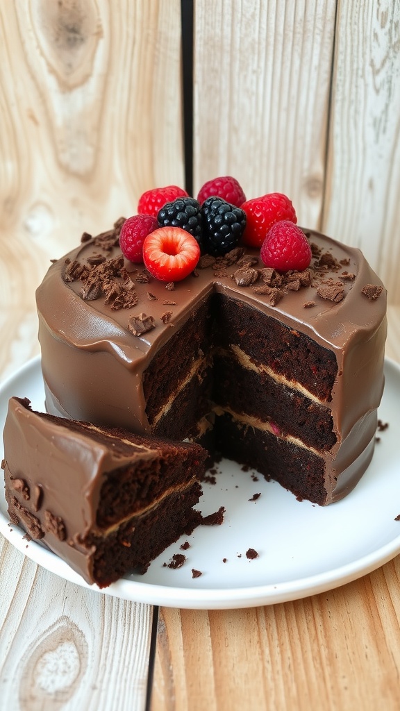 A rich vegan chocolate cake with chocolate shavings and berries, served on a plate with a slice removed.